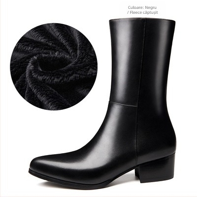 Ghete din piele pentru bărbați cu fermoar lateral, vârf ascuțit, până la mijlocul gambei, piele de vițel din stratul superior, talpă din cauciuc