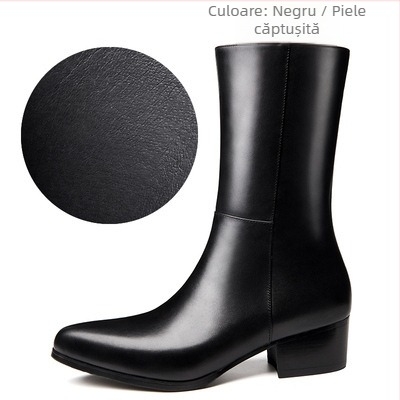 Ghete din piele pentru bărbați cu fermoar lateral, vârf ascuțit, până la mijlocul gambei, piele de vițel din stratul superior, talpă din cauciuc
