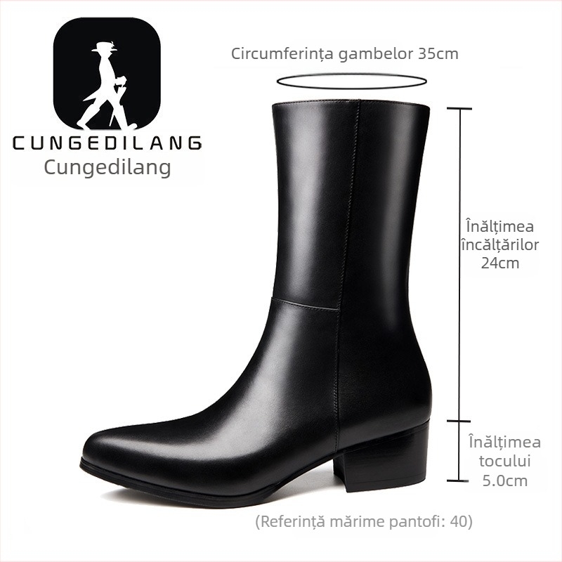 Ghete din piele pentru bărbați cu fermoar lateral, vârf ascuțit, până la mijlocul gambei, piele de vițel din stratul superior, talpă din cauciuc