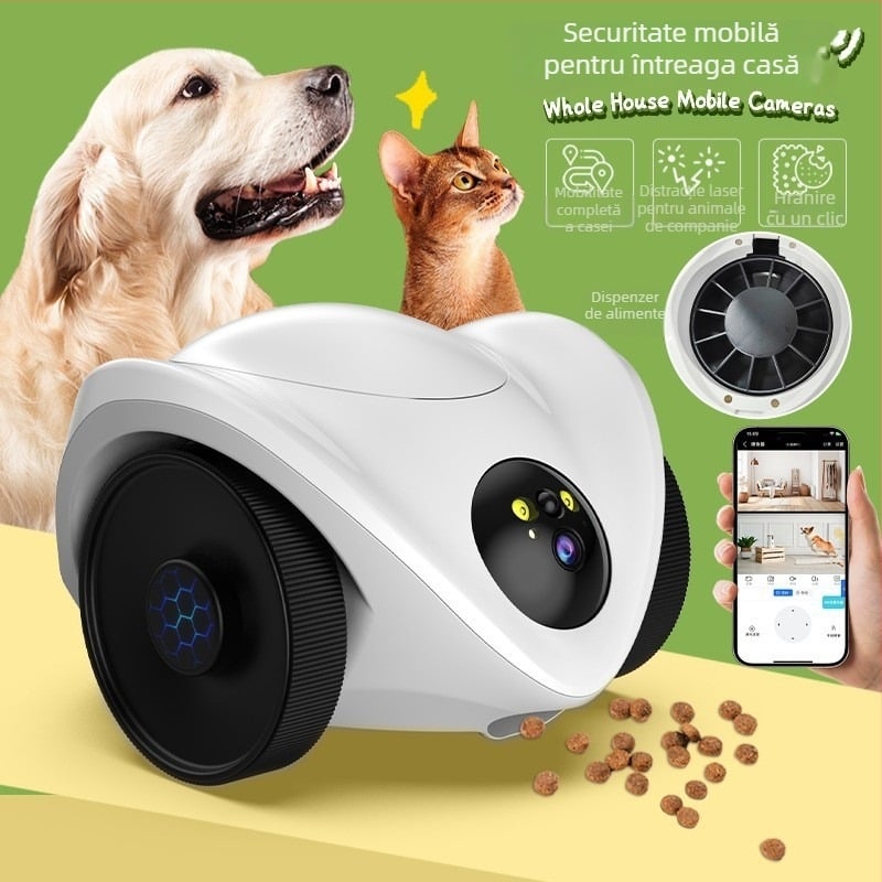 Camera de monitorizare pentru animale de companie, interior, cu hrănire de gustări, rotire orizontală 360°, limită de rotație 355°, carcasă ABS, alimentare 5V DC