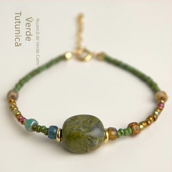 Brățară handmade din piatră naturală și mărgele de orez, stil nou Chinezesc, design geometric, pentru femei, vară 2025