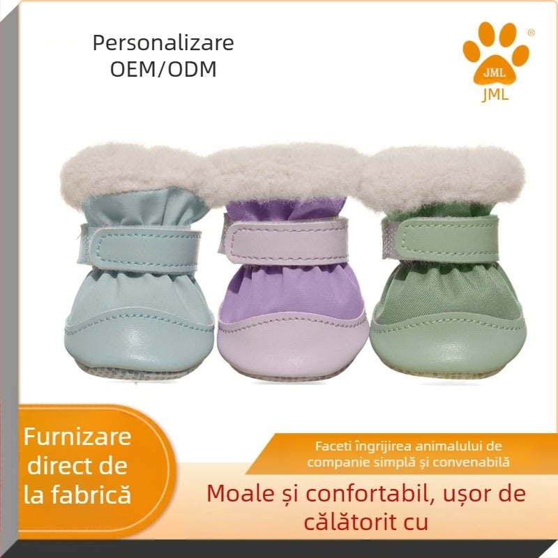 Pantofi pentru câini – Jiaomeile, material impermeabil tip jachetă + catifea caldă pe interior, anti-derapare, rezistenți, stil casual
