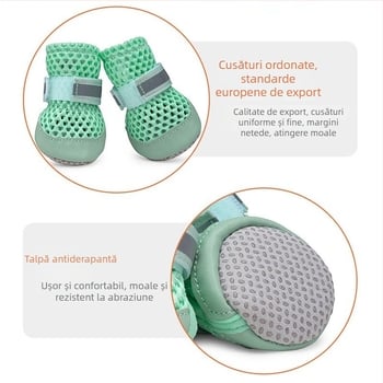 Pantofi pentru câini cu plasă respirabilă, talpă antiderapantă și bandă Velcro; piele microfibră, material reflectorizant