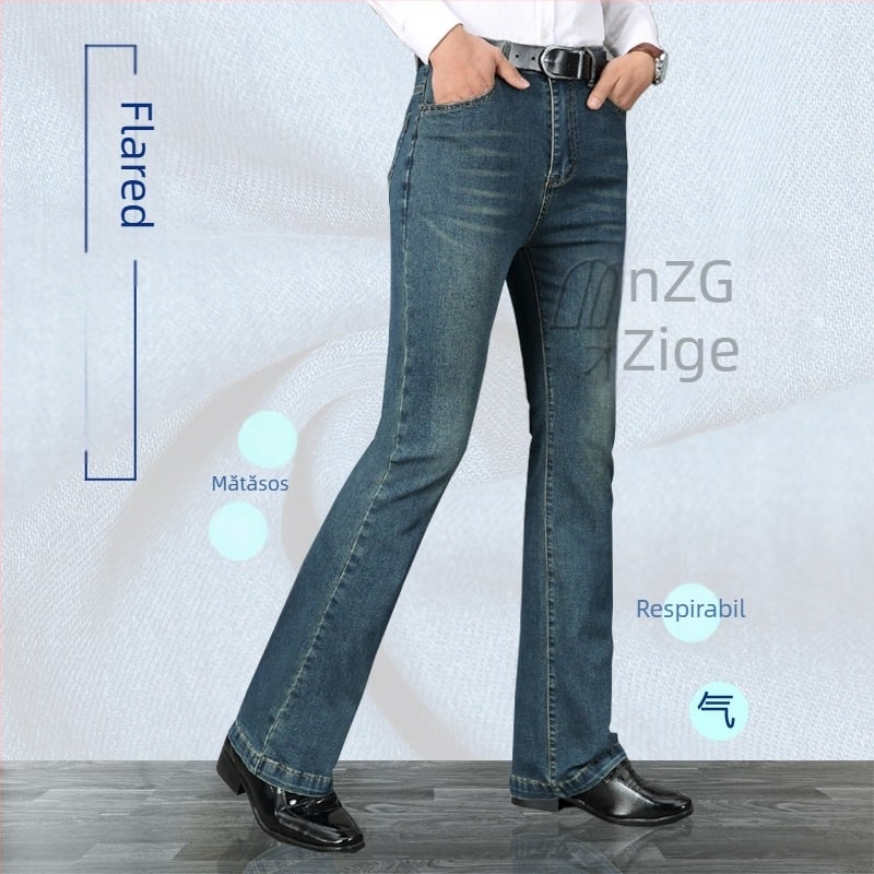 Jeans din denim cu micro-flare, croială slim cu elastitate, talie joasă, fermoar (Vara 2025)