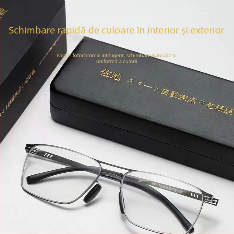 Ochelari de citit cu lentile din rășină, lentile fotochromice cu protecție UV și anti-lumină albastră, ramă completă din aliaj de titan