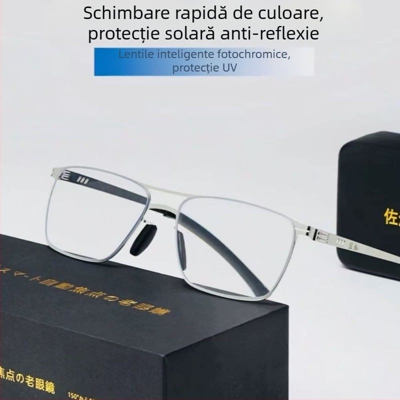 Ochelari de citit cu lentile din rășină, lentile fotochromice cu protecție UV și anti-lumină albastră, ramă completă din aliaj de titan