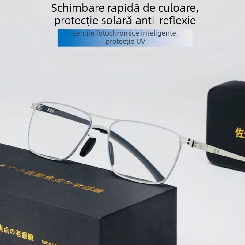Ochelari de citit cu lentile din rășină, lentile fotochromice cu protecție UV și anti-lumină albastră, ramă completă din aliaj de titan