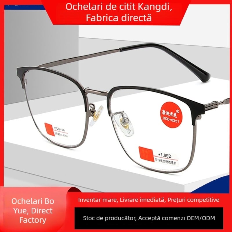 Ochelari de lectură pentru bărbați Kandi, lentile din rășină, protecție împotriva luminii albastre, ramă semi-cadru, ramă metalică pătrată (Lentile din rășină, Protecție anti-lumina albastră, Ramă semi-cadru, Ramă metalică, Formă pătrată a feței)