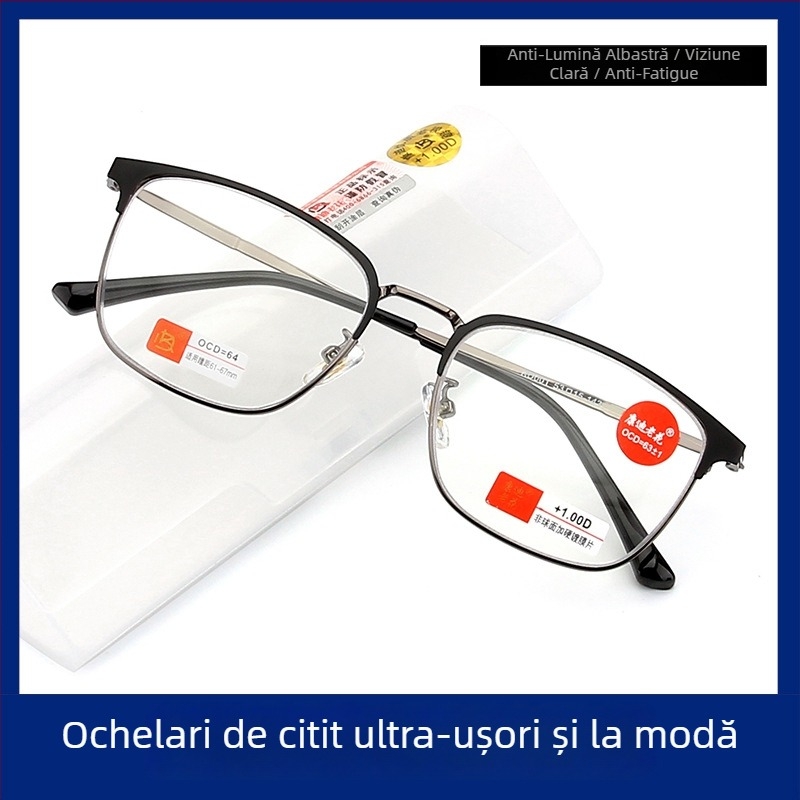 Ochelari de lectură pentru bărbați Kandi, lentile din rășină, protecție împotriva luminii albastre, ramă semi-cadru, ramă metalică pătrată (Lentile din rășină, Protecție anti-lumina albastră, Ramă semi-cadru, Ramă metalică, Formă pătrată a feței)
