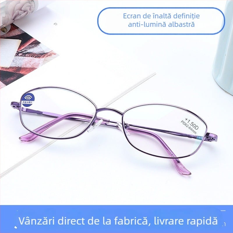 Ochelari de citit pentru femei, ramă cu cadru integral, design elegant, protecție împotriva luminii albastre și UV, lentile din rășină, ramă din metal, modelul 2065#