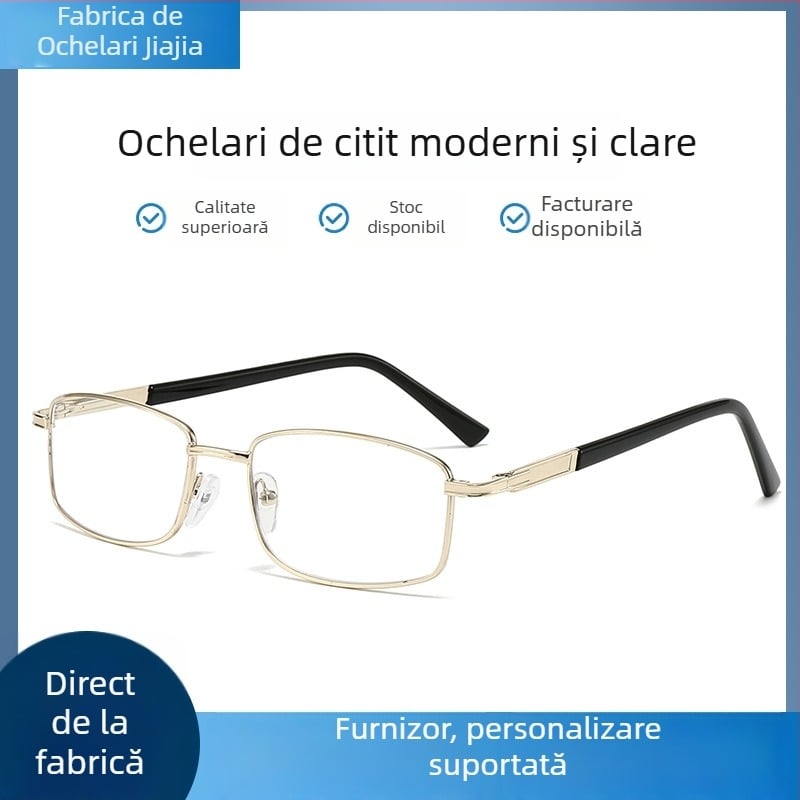 Ochelari de citit cu design modern din cristal pentru adulți, ramă pătrată metalică, lentile PC cu protecție UV și anti-lumină albastră, compatibile cu dioptrii.