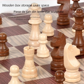 Set din lemn trei în unu: șah, damă și backgammon; pliabil, portabil, educativ