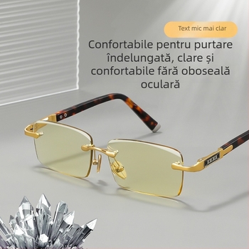 Ochelari de lectură fără ramă cu lentile din cristal, stil business pentru adulți cu față rotundă