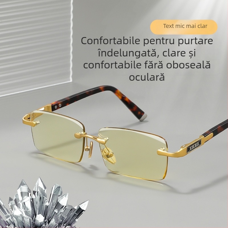 Ochelari de lectură fără ramă cu lentile din cristal, stil business pentru adulți cu față rotundă