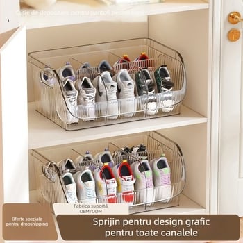 Cutie de depozitare pentru pantofi cu compartimente, stivuibilă, din PET plastic, capacitate 1 L, dimensiune mare