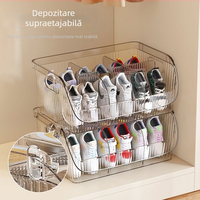 Cutie de depozitare pentru pantofi cu compartimente, stivuibilă, din PET plastic, capacitate 1 L, dimensiune mare