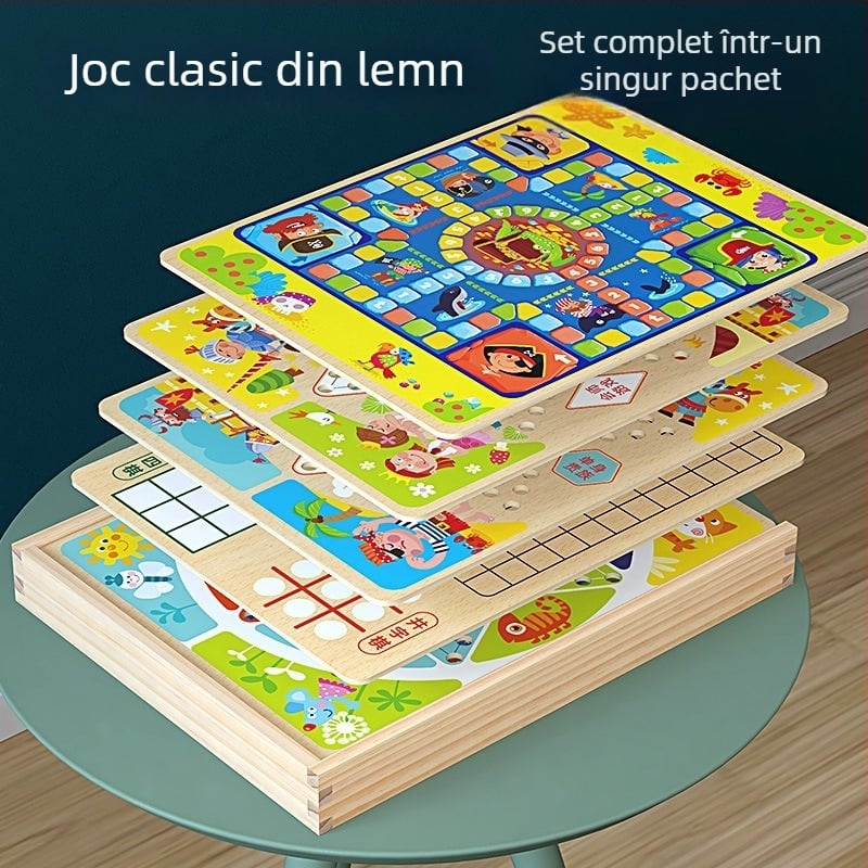 Joc de masă din lemn pentru copii, tablă 7 în 1: Flying Chess, Dame și Gobang – jucărie educativă pentru copii 4–14 ani