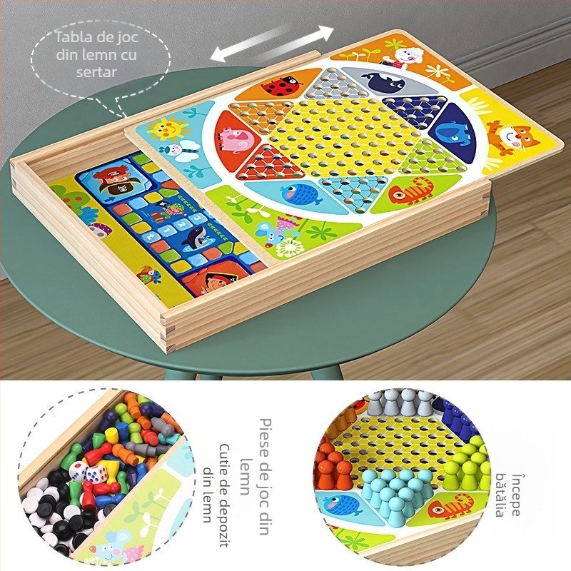 Joc de masă din lemn pentru copii, tablă 7 în 1: Flying Chess, Dame și Gobang – jucărie educativă pentru copii 4–14 ani