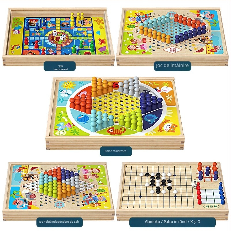 Joc de masă din lemn pentru copii, tablă 7 în 1: Flying Chess, Dame și Gobang – jucărie educativă pentru copii 4–14 ani