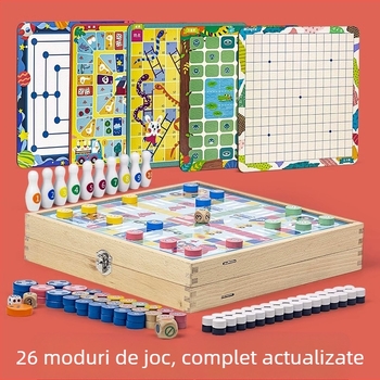 Joc de masă din lemn 16-în-1: Gomoku și Flying Chess, puzzle educațional interactiv