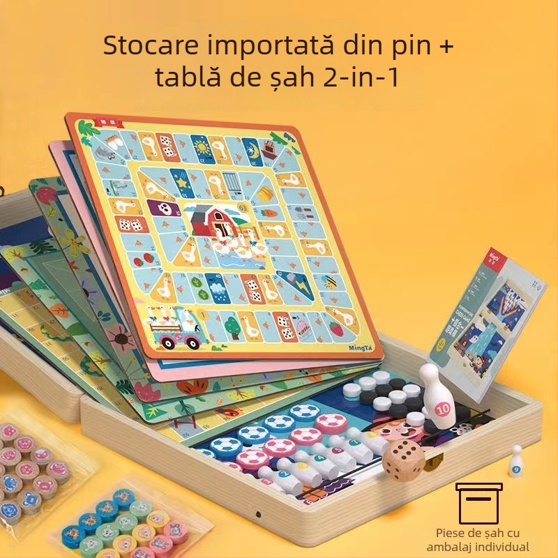 Joc de masă din lemn 16-în-1: Gomoku și Flying Chess, puzzle educațional interactiv