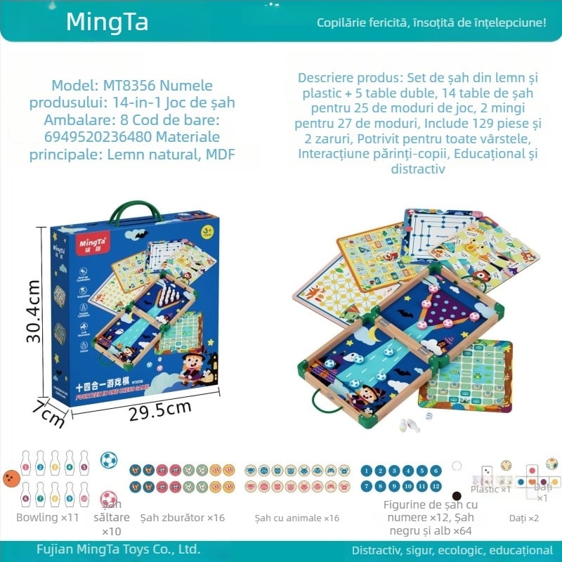 Joc de masă din lemn 16-în-1: Gomoku și Flying Chess, puzzle educațional interactiv