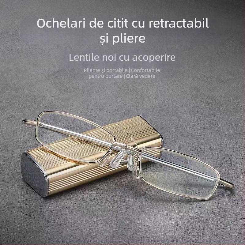Ochelari de citit, lentile din sticlă, ramă metalică cu cadru integral, design pătrat, pentru vedere la distanță și aproape