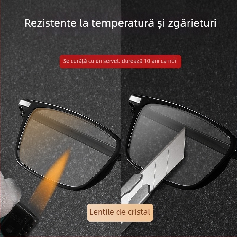 Ochelari de citit cu lentile din cristal, ramă TR90, cadru pătrat, cu suport pentru miopie