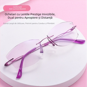 Ochelari de lectura fără ramă, lentile progresive pentru distanță și aproape, lentile din acril, protecție UV și anti-lumină albastră