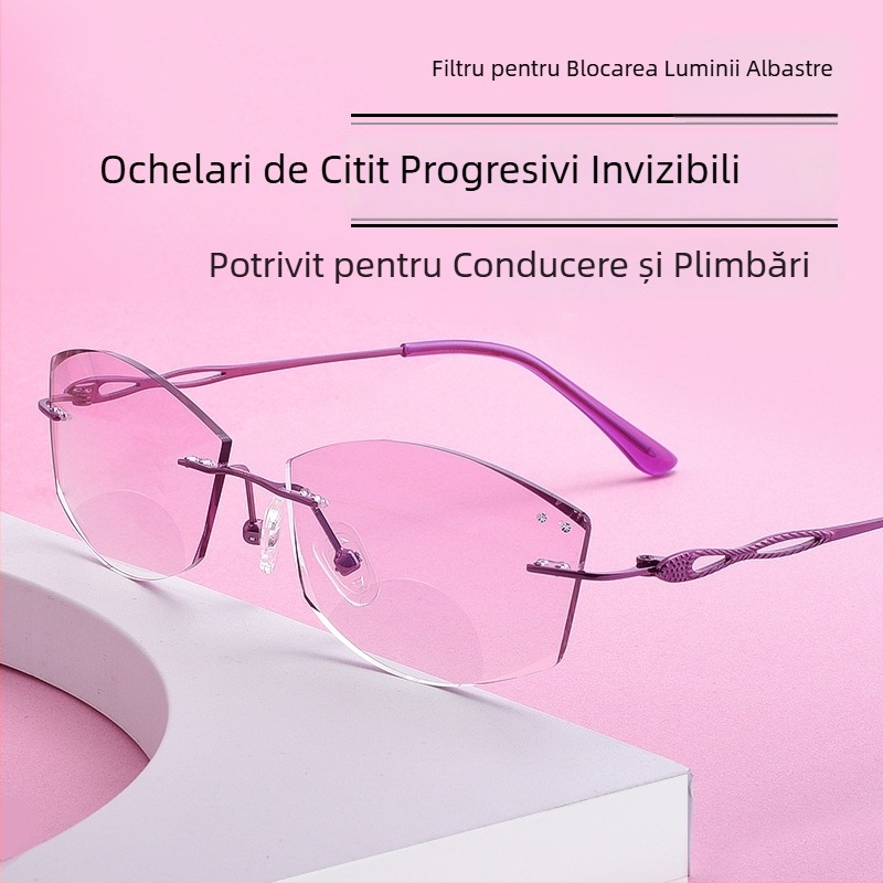 Ochelari de lectura fără ramă, lentile progresive pentru distanță și aproape, lentile din acril, protecție UV și anti-lumină albastră