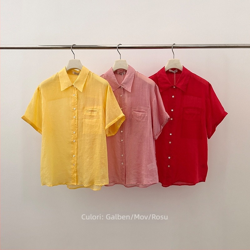Cămașă de damă din fibră de ramie, mânecă scurtă, stil japonez-coreean casual, croi lejer, nasturi frontali