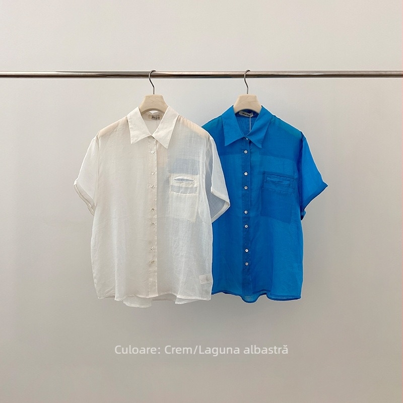 Cămașă de damă din fibră de ramie, mânecă scurtă, stil japonez-coreean casual, croi lejer, nasturi frontali
