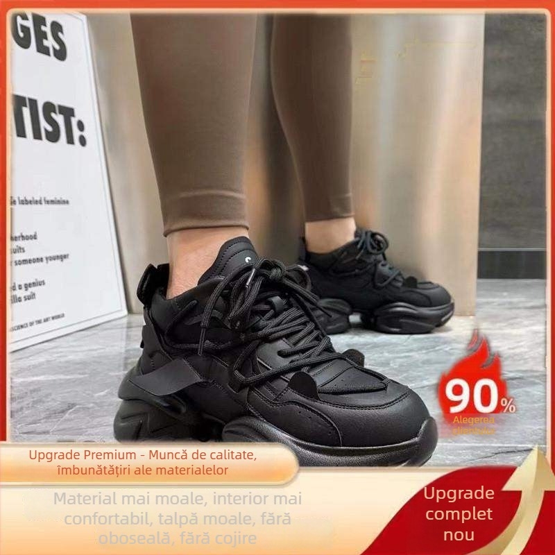 Adidași femei înalți cu talpă groasă pentru creșterea înălțimii, partea superioară din piele split, talpă PU, închidere cu șireturi, talpă interioară din latex