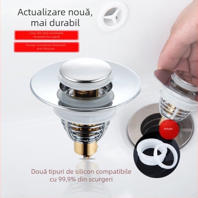 Filtru de scurgere pentru chiuvetă din oțel inoxidabil – montaj prin presiune, anti-blocare