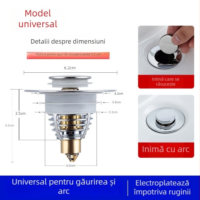 Filtru de scurgere pentru chiuvetă din oțel inoxidabil – montaj prin presiune, anti-blocare