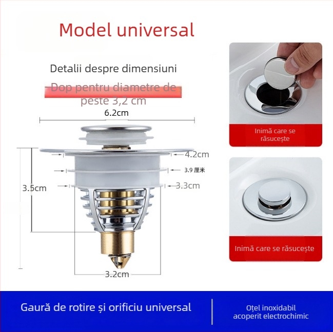 Filtru de scurgere pentru chiuvetă din oțel inoxidabil – montaj prin presiune, anti-blocare