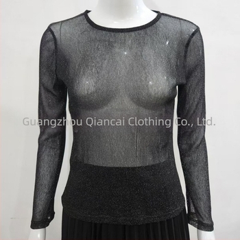 Top din Tencel Blend cu țesătură plasă, mâneci lungi, guler rotund, Slim fit, Off-Shoulder stil Europa-Americană