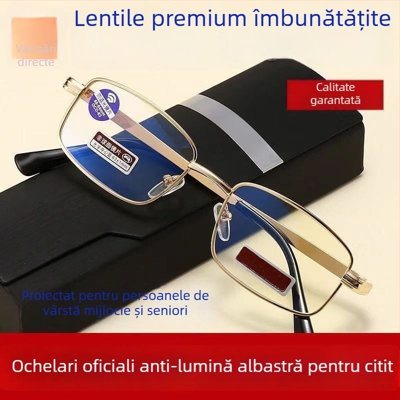Ochelari de citit cu ramă metalică mare, lentile anti-lumină albastră, anti-oboseală, pentru vârstnici