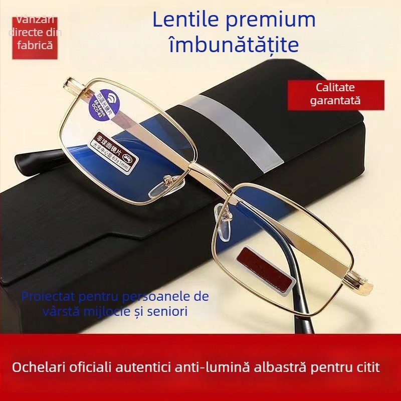 Ochelari de citit cu ramă metalică mare, lentile anti-lumină albastră, anti-oboseală, pentru vârstnici