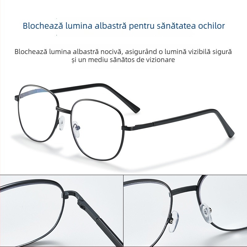 Ochelari de citit cu dublă utilizare, lentile din rășină cu protecție anti-lumina albastră, ramă metalică cu cadru complet, formă rotundă, potriviți pentru adulți cu față mare, lansare vară 2024