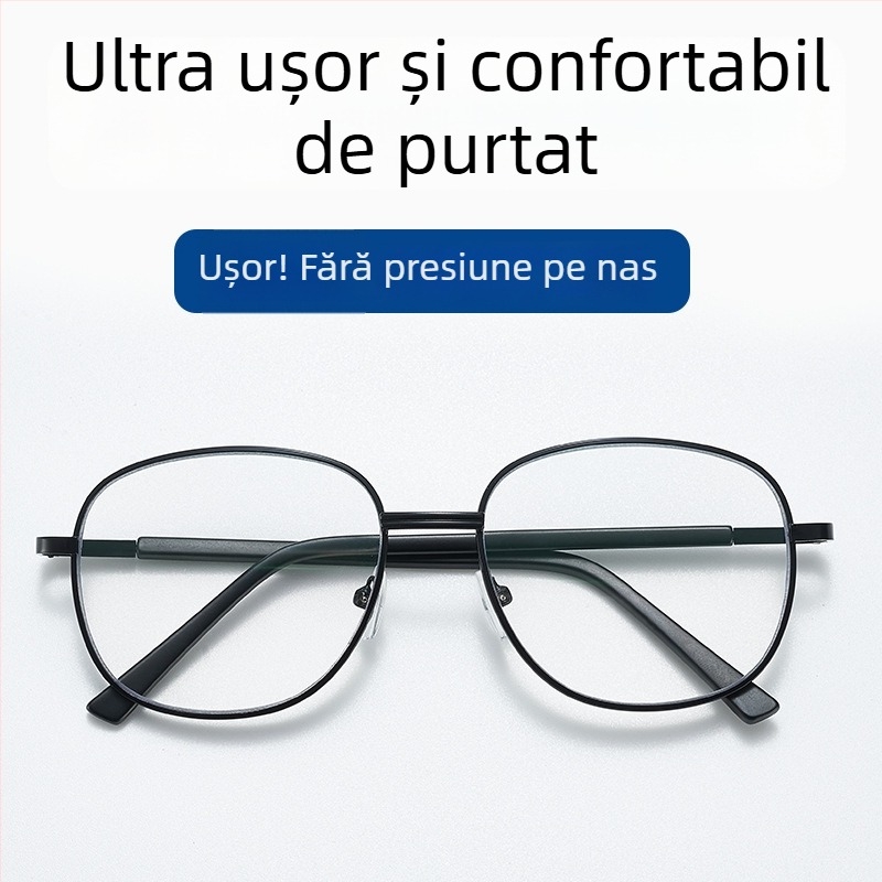 Ochelari de citit cu dublă utilizare, lentile din rășină cu protecție anti-lumina albastră, ramă metalică cu cadru complet, formă rotundă, potriviți pentru adulți cu față mare, lansare vară 2024