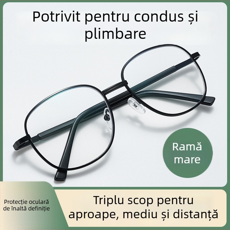 Ochelari de citit cu dublă utilizare, lentile din rășină cu protecție anti-lumina albastră, ramă metalică cu cadru complet, formă rotundă, potriviți pentru adulți cu față mare, lansare vară 2024