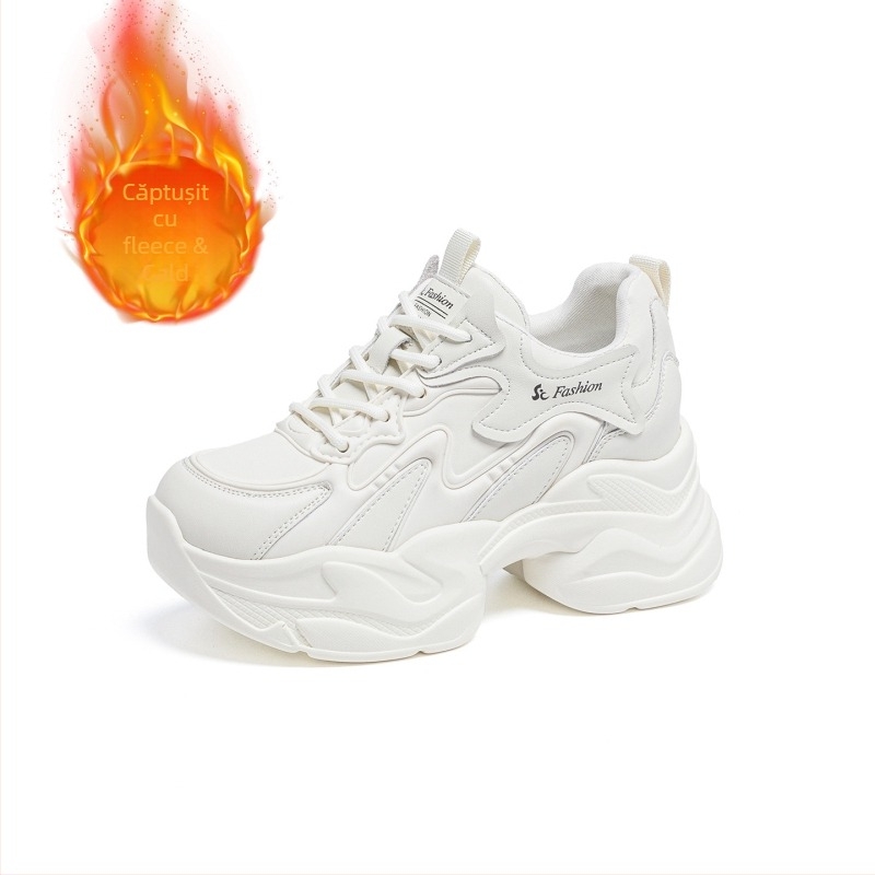 Pantofi sport casual pentru femei în stil dad shoes, vârf rotund, talpă groasă, șireturi, creștere în înălțime