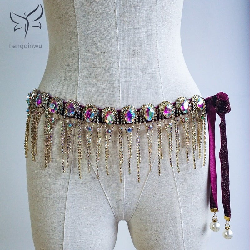 Lanț de talie pentru belly dance cu cristale și ciucuri - metal, unisex, adult, pentru practică și reprezentație, Brand Phoenix Dances