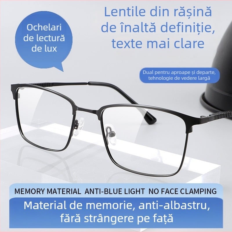 Ochelari de lectură, multifocali, anti-lumină albastră, ramă completă, cadru metal-titan, unisex, pentru vedere de aproape și departe