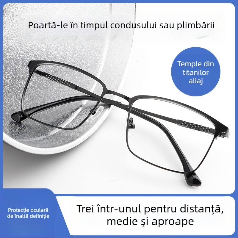 Ochelari de lectură, multifocali, anti-lumină albastră, ramă completă, cadru metal-titan, unisex, pentru vedere de aproape și departe