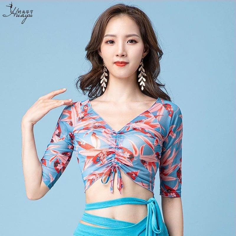 Top pentru Belly Dance, Plasă imprimată din bambus, Amestec Spandex, Vara 2025, Pentru femei