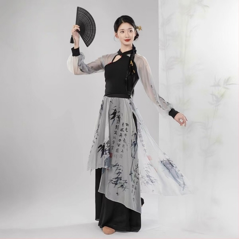 Costum de dans cu guler stil cheongsam, croială slim, mâneci transparente, poliester (material poliester; poliester; poliester; vara 2022; belly dance)