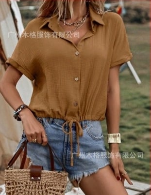 Cămașă în stil cardigan, bumbac roman respirabil și Spandex, model 3D, stil retro, mâneci scurte, guler de cămașă, nasturi pe un rând