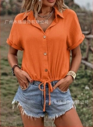 Cămașă în stil cardigan, bumbac roman respirabil și Spandex, model 3D, stil retro, mâneci scurte, guler de cămașă, nasturi pe un rând